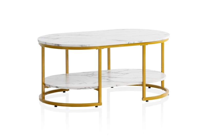 Soffbord Wohnling marmorutseende ovalt 100 cm med förvaringshylla, Bauhaus-stil Marmor Vit - Marmor Vit - Möbler - Vardagsrum - Soffbord & vardagsrumsbord - Soffbord