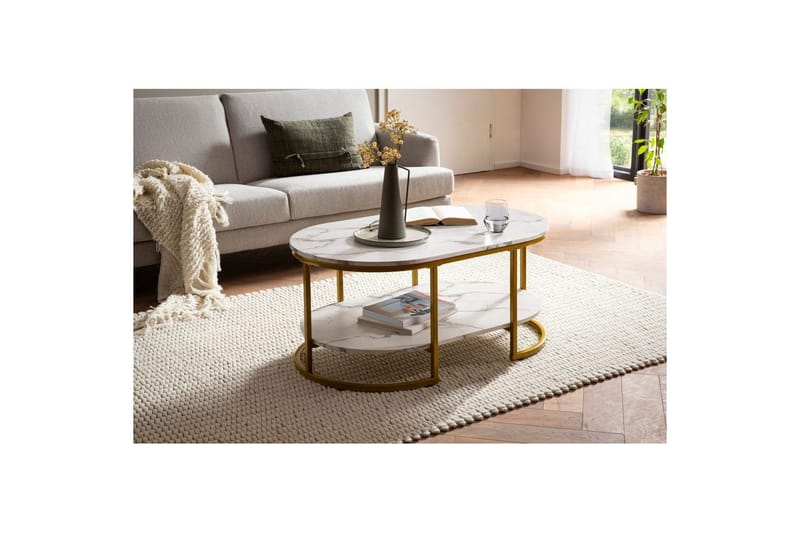 Soffbord Wohnling marmorutseende ovalt 100 cm med förvaringshylla, Bauhaus-stil Marmor Vit - Marmor Vit - Möbler - Vardagsrum - Soffbord & vardagsrumsbord - Soffbord