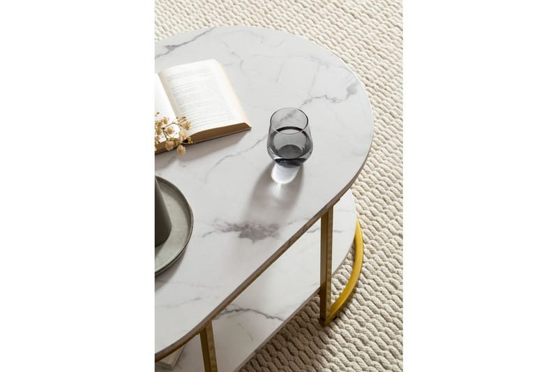 Soffbord Wohnling marmorutseende ovalt 100 cm med förvaringshylla, Bauhaus-stil Marmor Vit - Marmor Vit - Möbler - Vardagsrum - Soffbord & vardagsrumsbord - Soffbord