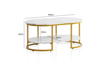 Soffbord Wohnling marmorutseende ovalt 100 cm med förvaringshylla, Bauhaus-stil Marmor Vit - Marmor Vit - Möbler - Vardagsrum - Soffbord & vardagsrumsbord - Soffbord