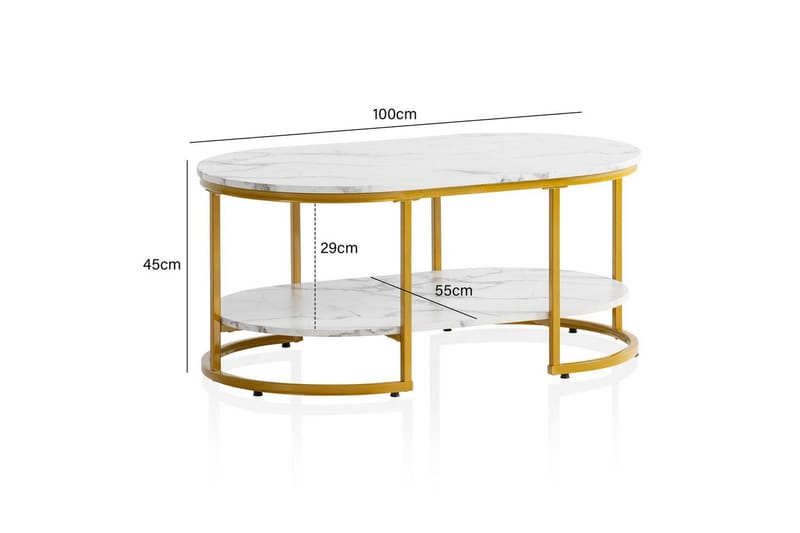 Soffbord Wohnling marmorutseende ovalt 100 cm med förvaringshylla, Bauhaus-stil Marmor Vit - Marmor Vit - Möbler - Vardagsrum - Soffbord & vardagsrumsbord - Soffbord