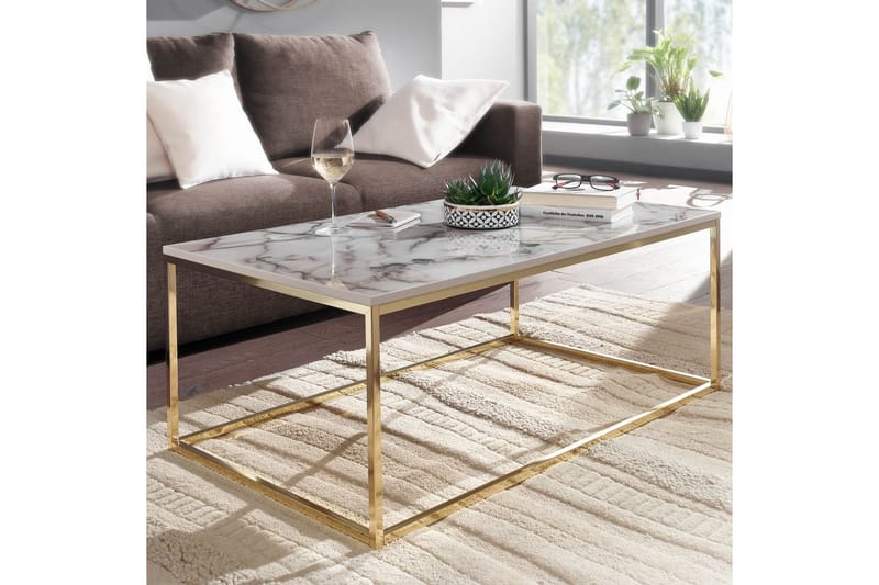 Soffbord Wohnling marmorutseende, rektangulär elegant, modern stil Guld, Marmorvit - Guld, Marmorvit - Möbler - Vardagsrum - Soffbord & vardagsrumsbord - Soffbord