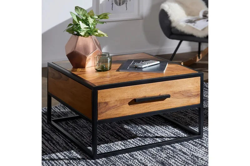 Soffbord Wohnling Massivt sheeshamträ 1 låda med pulverlackerad metallram Industriell - Möbler - Vardagsrum - Soffbord & vardagsrumsbord - Soffbord