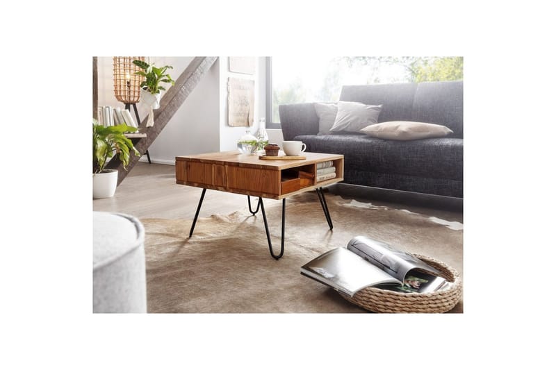 Soffbord Wohnling Massivt trä 60 cm fyrkantig med 4 förvaringsbrickor lantligt - Möbler - Vardagsrum - Soffbord & vardagsrumsbord - Soffbord