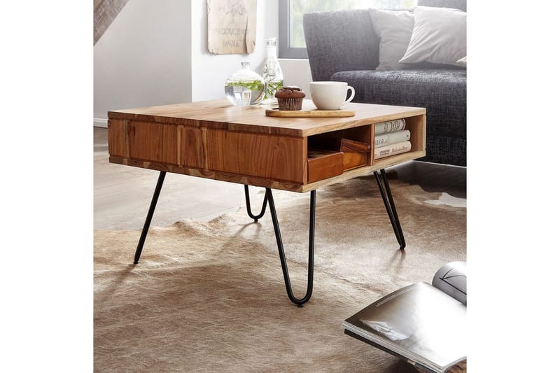 Soffbord Wohnling Massivt trä 60 cm fyrkantig med 4 förvaringsbrickor lantligt - Möbler - Vardagsrum - Soffbord & vardagsrumsbord - Soffbord