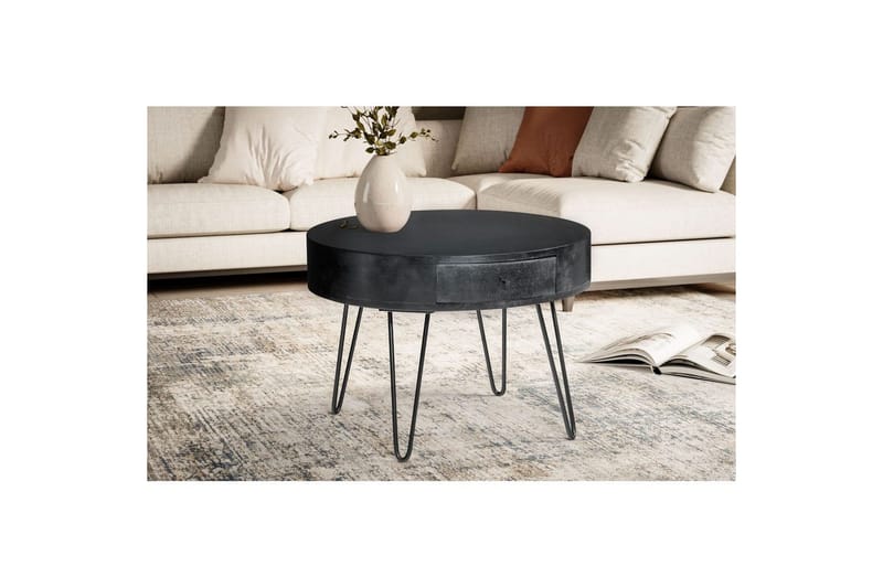 Soffbord Wohnling massivt trä 60 cm rund med låda, lantlig stil Svart - Svart - Möbler - Vardagsrum - Soffbord & vardagsrumsbord - Soffbord