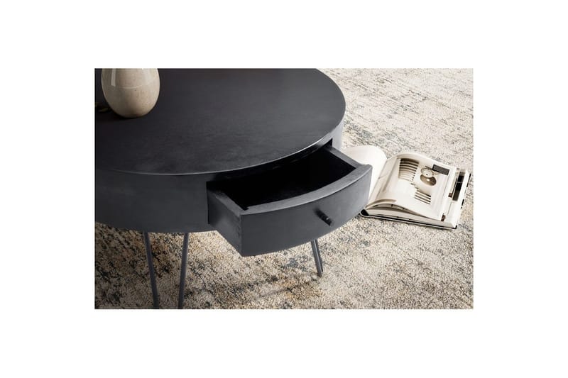 Soffbord Wohnling massivt trä 60 cm rund med låda, lantlig stil Svart - Svart - Möbler - Vardagsrum - Soffbord & vardagsrumsbord - Soffbord