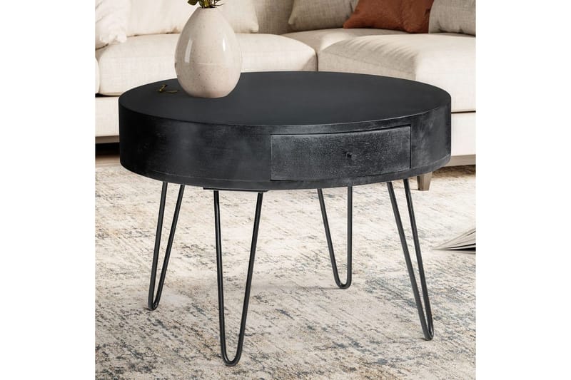 Soffbord Wohnling massivt trä 60 cm rund med låda, lantlig stil Svart - Svart - Möbler - Vardagsrum - Soffbord & vardagsrumsbord - Soffbord