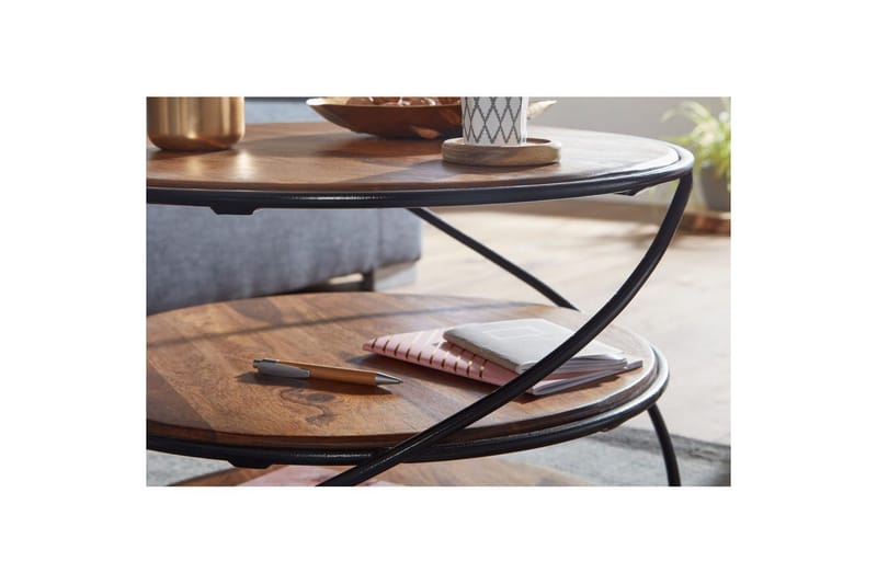 Soffbord Wohnling Massivt trä rund 58 cm med 2 brickor cirkel metallram - Möbler - Vardagsrum - Soffbord & vardagsrumsbord - Soffbord