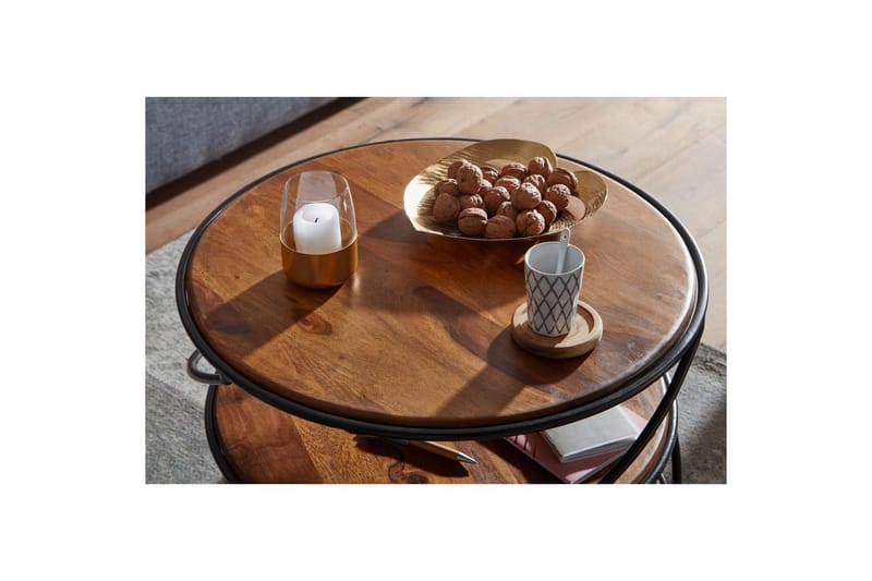 Soffbord Wohnling Massivt trä rund 58 cm med 2 brickor cirkel metallram - Möbler - Vardagsrum - Soffbord & vardagsrumsbord - Soffbord