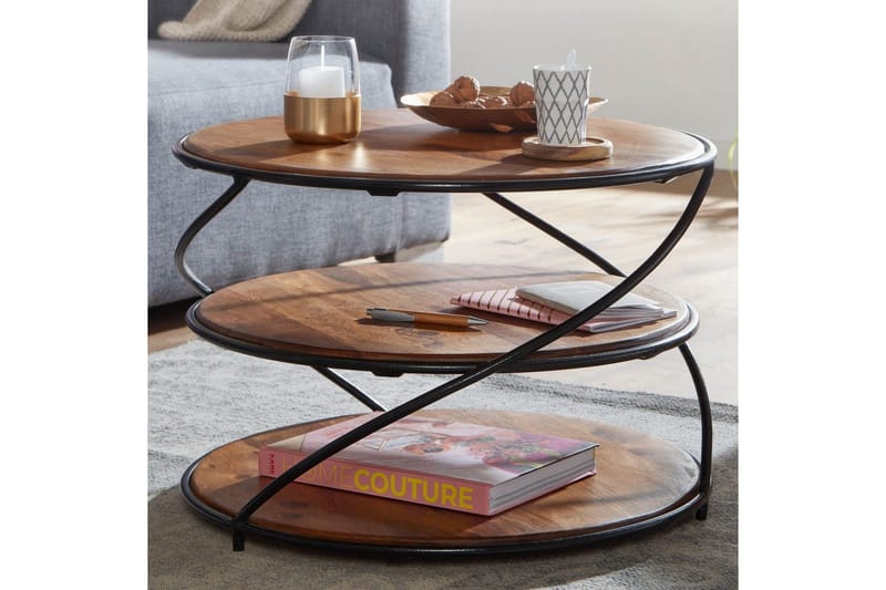 Soffbord Wohnling Massivt trä rund 58 cm med 2 brickor cirkel metallram - Möbler - Vardagsrum - Soffbord & vardagsrumsbord - Soffbord