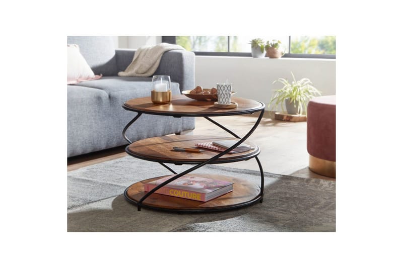 Soffbord Wohnling Massivt trä rund 58 cm med 2 brickor cirkel metallram - Möbler - Vardagsrum - Soffbord & vardagsrumsbord - Soffbord