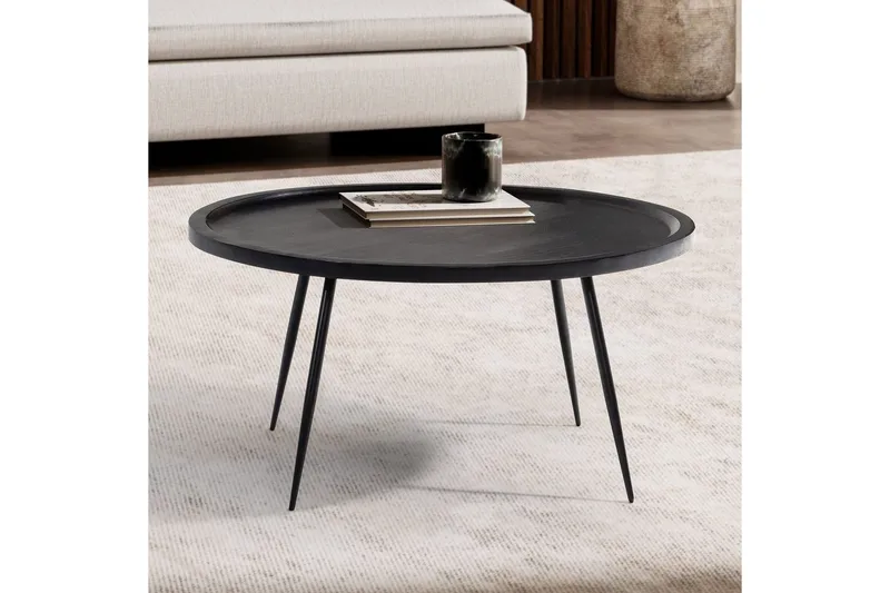 Soffbord Wohnling massivt trä, rund 75 cm med nålben, herrgårdsstil Svart - Svart - Möbler - Vardagsrum - Soffbord & vardagsrumsbord - Soffbord