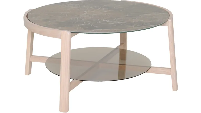 Vasa Ø90 cm Runt Soffbord med Förvaring i Glas med Träben, Brungrå