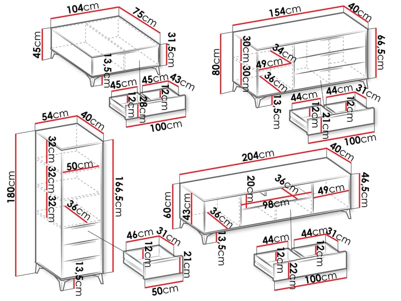 Vemdalen Möbelset vardagsrum - tv-bänk, bokhylla, skänk och soffbord - brun - Möbler - Vardagsrum - Möbelset för vardagsrum