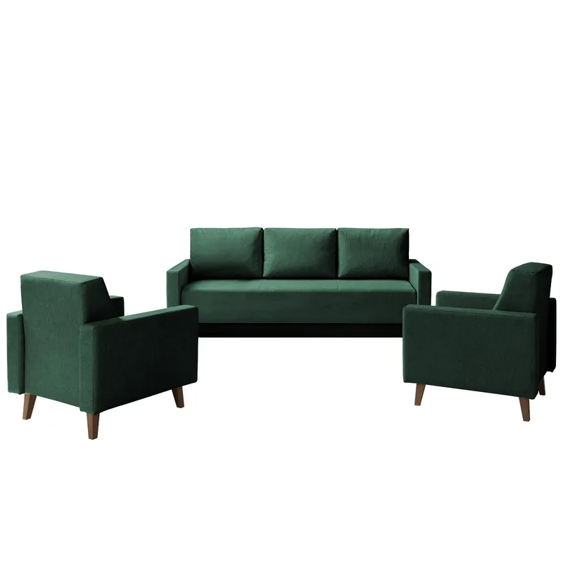 Waldsten Soffgrupp - 3-sits Bäddsoffa + 2 Fåtöljer, grön