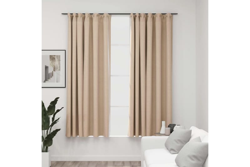 Mörkläggningsgardin med krokar linnelook 2 st beige 140x175 - Textilier & mattor - Gardiner & gardinupphängning
