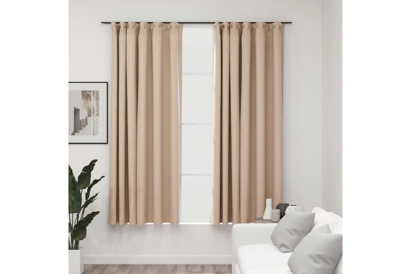 Mörkläggningsgardin med krokar linnelook 2 st beige 140x175 - Gardiner & gardinupphängning