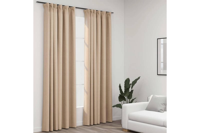 Mörkläggningsgardin med krokar linnelook 2 st beige 140x225 - Textilier & mattor - Gardiner & gardinupphängning