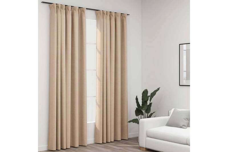 Mörkläggningsgardin med krokar linnelook 2 st beige 140x245 - Gardiner & gardinupphängning