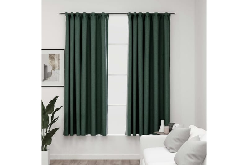 Mörkläggningsgardin med krokar linnelook 2 st grön 140x175 c - Textilier & mattor - Gardiner & gardinupphängning