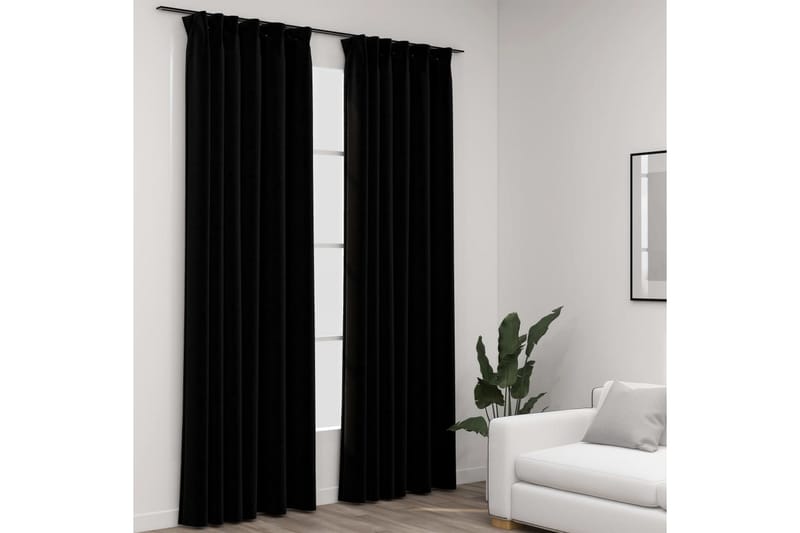 Mörkläggningsgardin med krokar linnelook 2 st svart 140x225 - Textilier & mattor - Gardiner & gardinupphängning