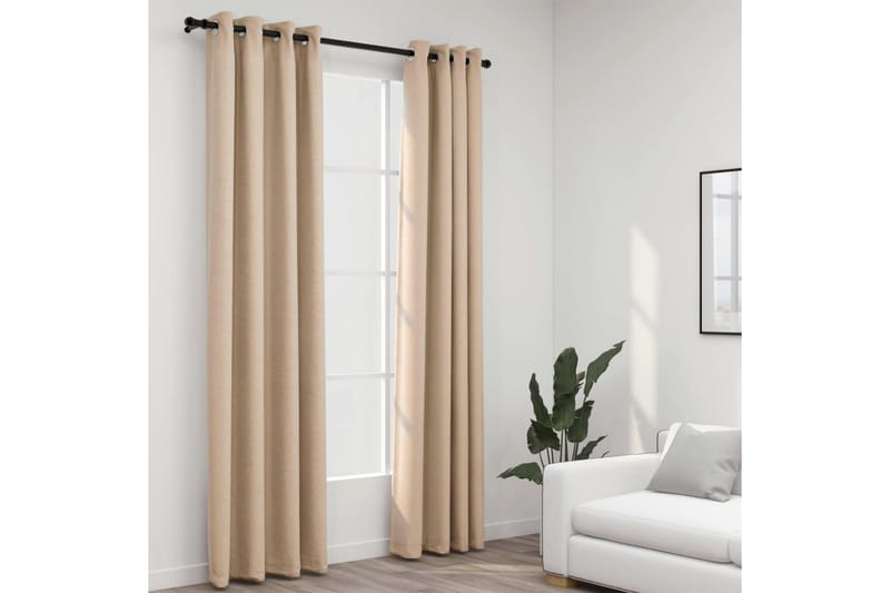 Mörkläggningsgardin med öljetter linnelook 2 st beige 140x24 - Textilier & mattor - Gardiner & gardinupphängning