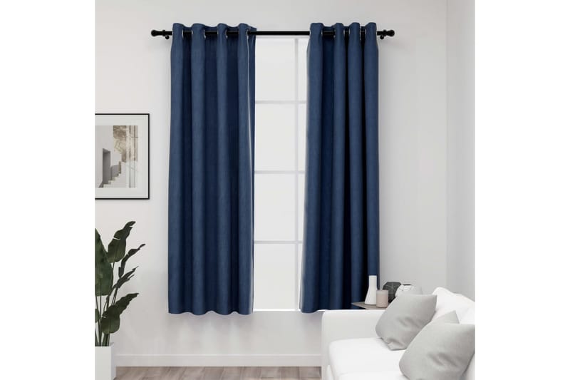 Mörkläggningsgardin med öljetter linnelook 2 st blå 140x175c - Textilier & mattor - Gardiner & gardinupphängning