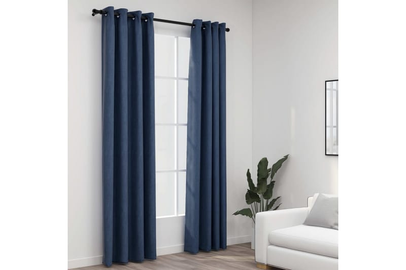 Mörkläggningsgardin med öljetter linnelook 2 st blå 140x245c - Textilier & mattor - Gardiner & gardinupphängning