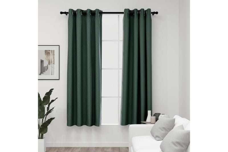 Mörkläggningsgardin med öljetter linnelook 2 st grön 140x175 - Grön - Textilier & mattor - Gardiner & gardinupphängning