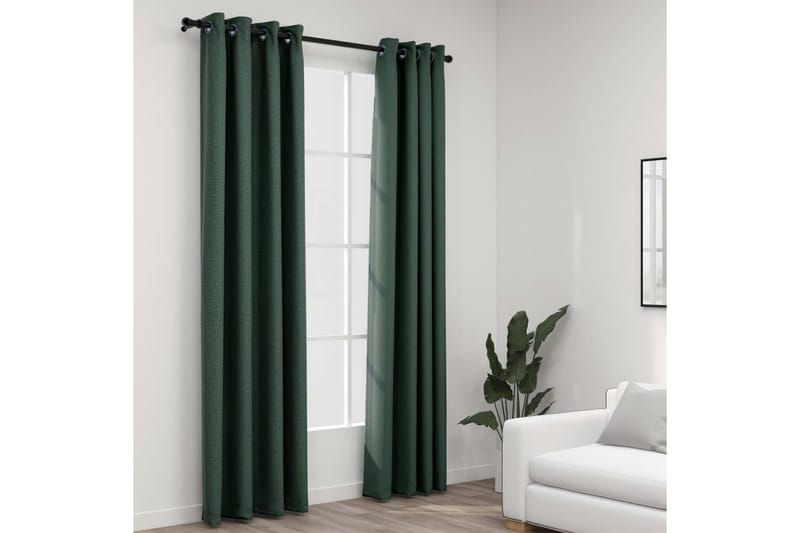 Mörkläggningsgardin med öljetter linnelook 2 st grön 140x245 - Textilier & mattor - Gardiner & gardinupphängning
