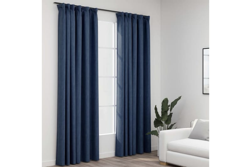 Mörkläggningsgardiner med krokar linnelook 2 st blå 140x225 - Blå - Textilier & mattor - Gardiner & gardinupphängning