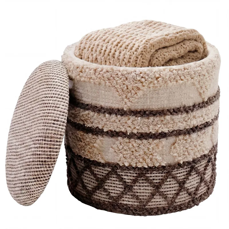 Volen Rund sittpuff med förvaring i ulltyg, beige
