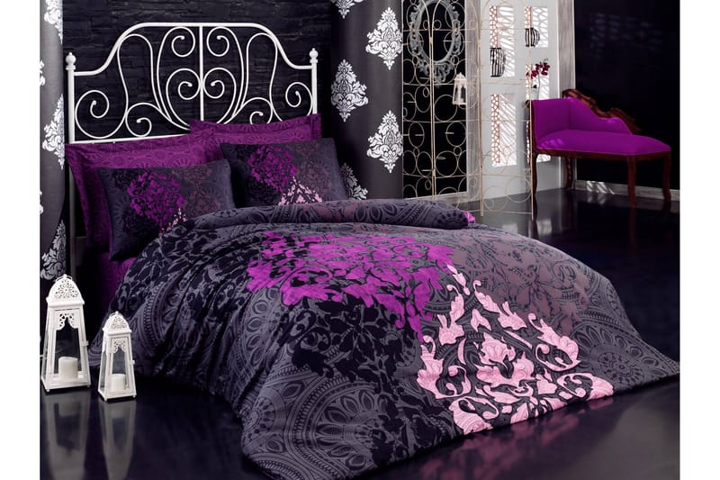 Cotton Box Bäddset Dubbelt 6-dels Satin, Vinröd/Lila/Rosa/Svart