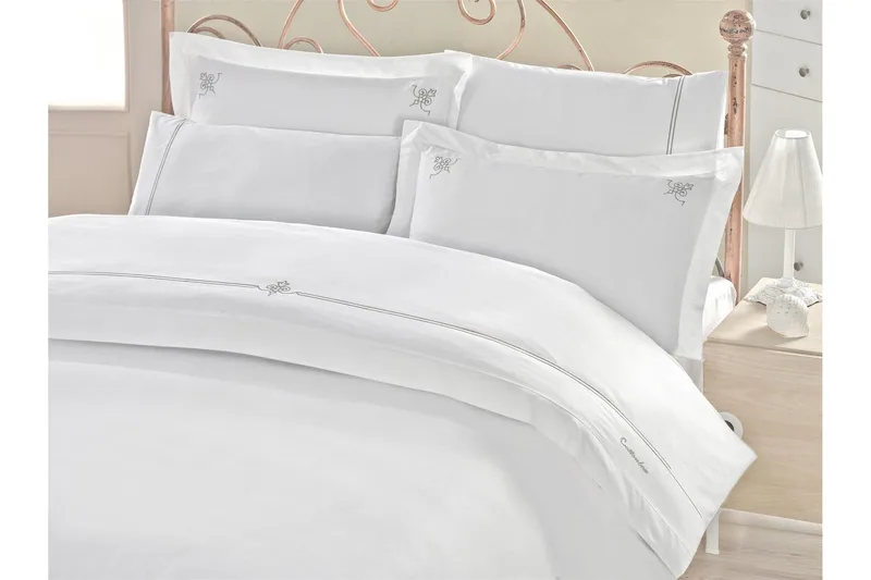 Cotton Box Bäddset Dubbelt 6-dels Satin, Vit/Grå