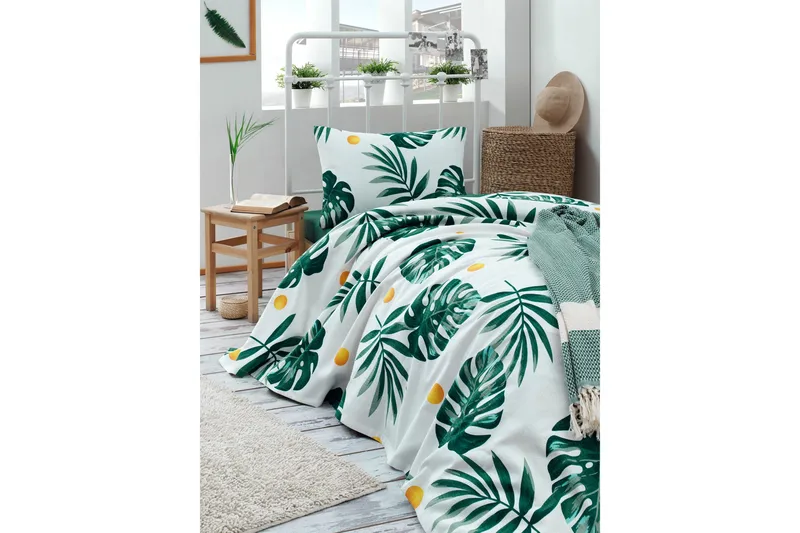 EnLora Home Överkast 160x235 cm, Vit/Grön/Gul