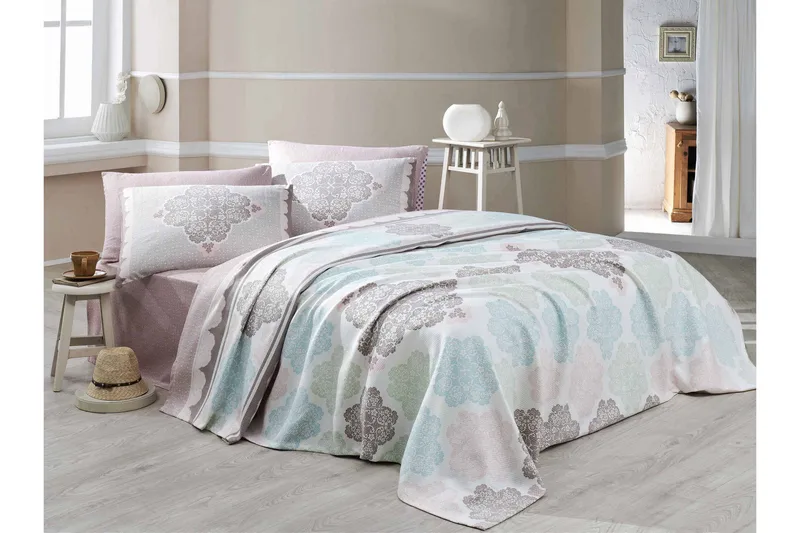 Eponj Home Överkast Dubbelt 200x235+Lakan+2 Kuddfodral - Vit/Turkos/Grön/Beige - Textilier & mattor - Sängkläder - Överkast