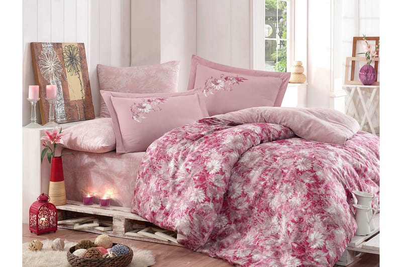 HOBBY Bäddset Dubbelt 6-dels Exklusiv Satin Rosa/Vit - Sängkläder - Bäddset & påslakanset