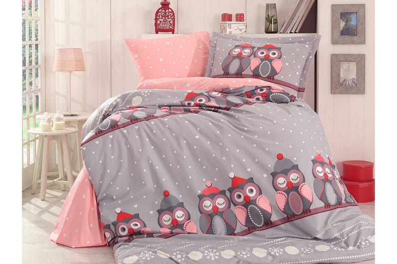 HOBBY Bäddset Enkelt 3-dels Poplin Grå/Rosa/Vit/Röd