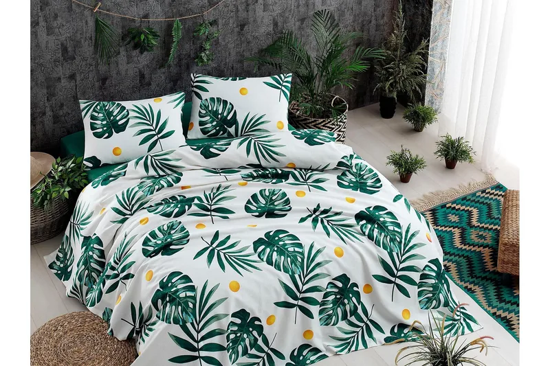 EnLora Home Överkast Dubbelt 200x235+Lakan+2 Kuddfodral - Vit/Grön/Gul - Textilier & mattor - Sängkläder - Bäddset & påslakanset - Bäddset enkelsäng