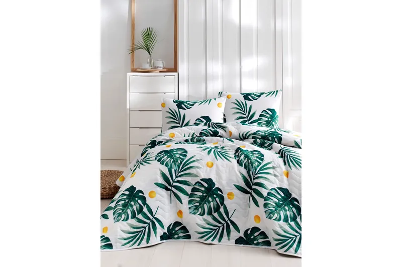 EnLora Home Överkast Enkelt 200x220+Kuddfodral, Vit/Grön/Gul