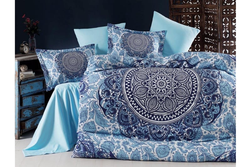 Primacasa by Türkiz Bäddset Dubbelt 6-dels Satin, Mörkblå/Vit/Blå