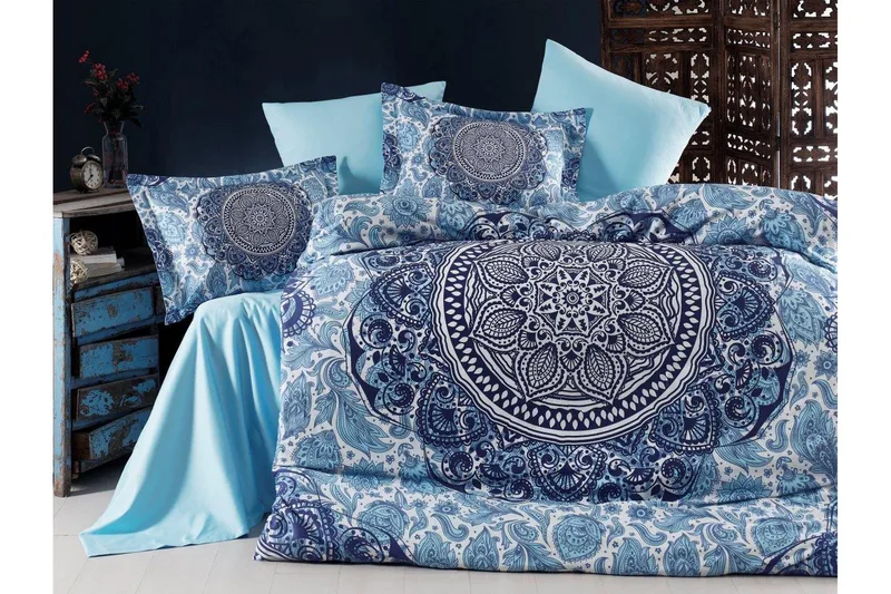 Primacasa by Türkiz Bäddset Dubbelt 6-dels Satin, Mörkblå/Vit/Blå