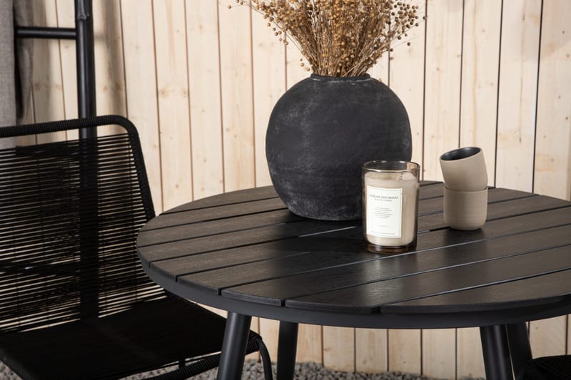 Break Cafégrupp Rund 90 cm + 2 Lindos Stapelbar Stol - Svart - Utemöbler - Balkong - Balkongmöbler - Balkonggrupper