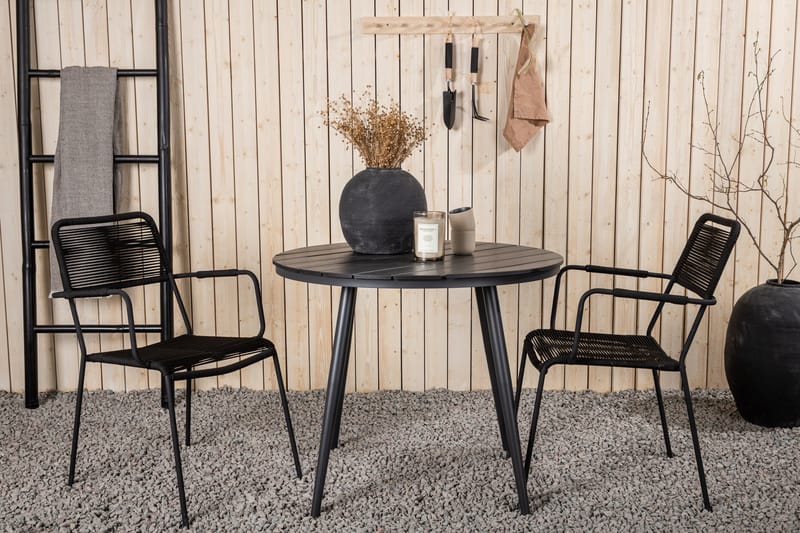 Break Caféset Rund Ø90 cm + 2 Lindos Karmstol - Svart - Utemöbler - Balkong - Balkongmöbler - Balkonggrupper