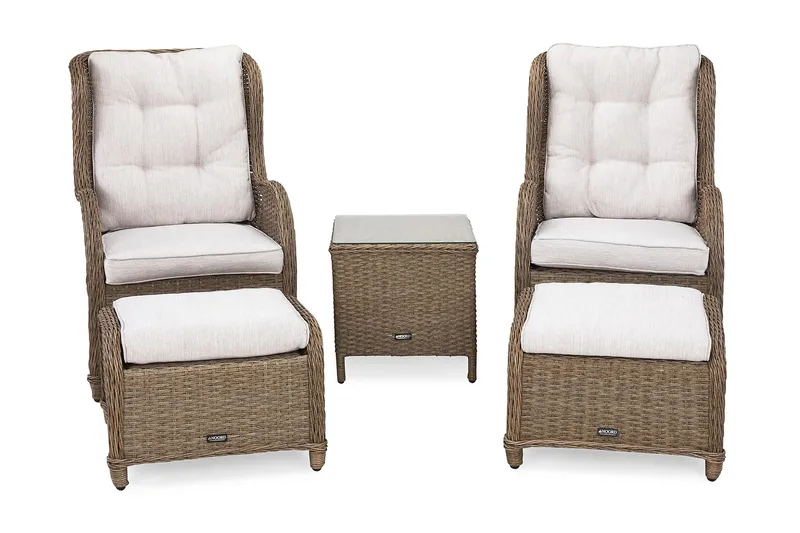 Marcus Caféset med 2 Öronlappsfåtöljer med Fotpall m Dyna - Natur - Utemöbler - Balkong - Balkongmöbler - Balkonggrupper