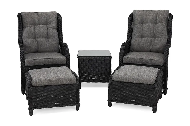 Marcus Caféset med 2 Öronlappsfåt öljer med Fotpall m Dyna - Svart - Utemöbler - Balkong - Balkongmöbler - Balkonggrupper