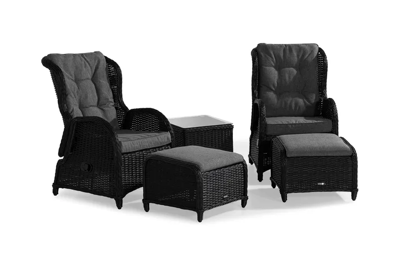 Marcus Caféset med 2 Reclinerfåtöljer Utomhus m Dyna - Svart - Utemöbler - Balkong - Balkongmöbler - Balkonggrupper