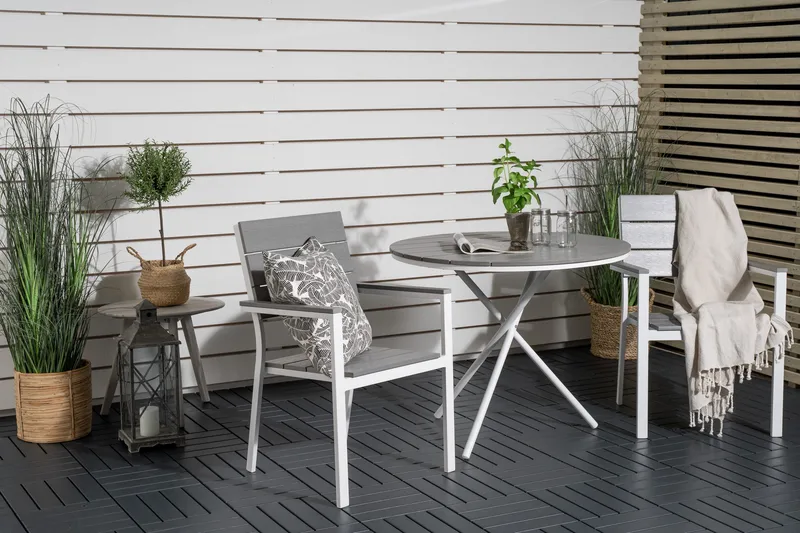Parma Caféset Rund Ø90 cm + 2 Levels Stolar - Vit/Grå - Utemöbler - Balkong - Balkongmöbler - Balkonggrupper