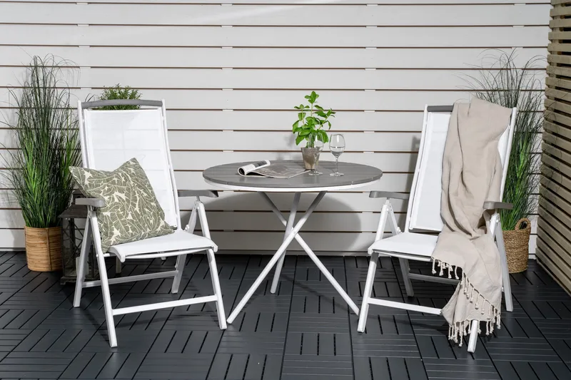 Parma Matgrupp Rund Ø90 cm + 2 Albany Matstolar - Vit/Grå - Utemöbler - Balkong - Balkongmöbler - Balkonggrupper